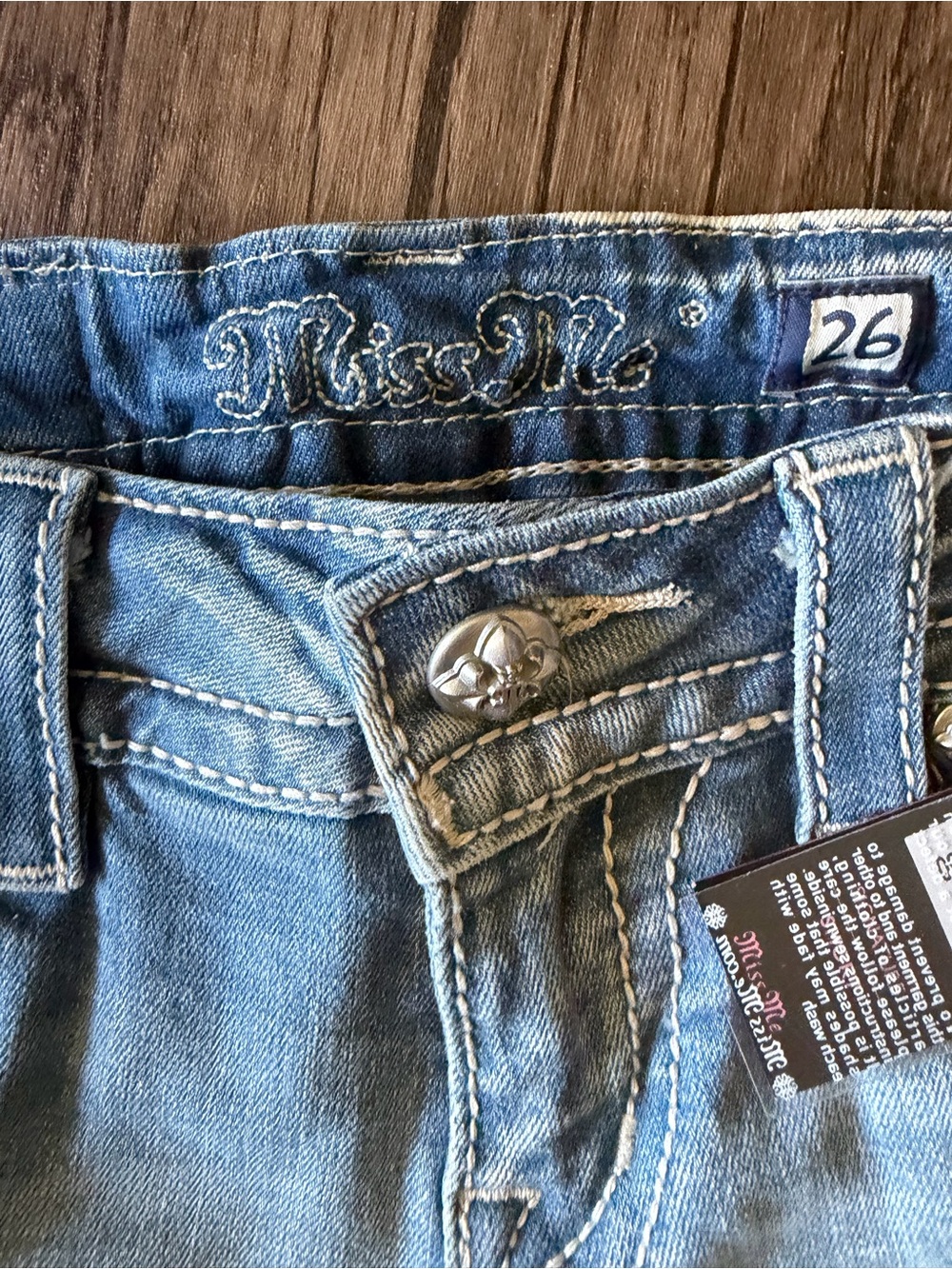 Miss Me Light Wash Distressed Denim Shorts with Rhinestone Trim - Picture 5 of 9